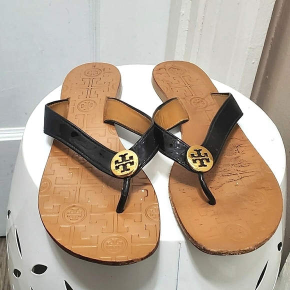 Tory Burch Thora Thong Black Patent Leather Brown Flat Sandals Women’s Size 8M🌴 - Picture 3 of 11
